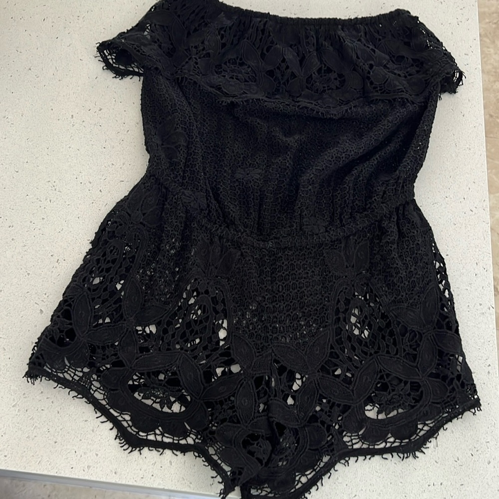 Eberjey black, strapless crochet short romper